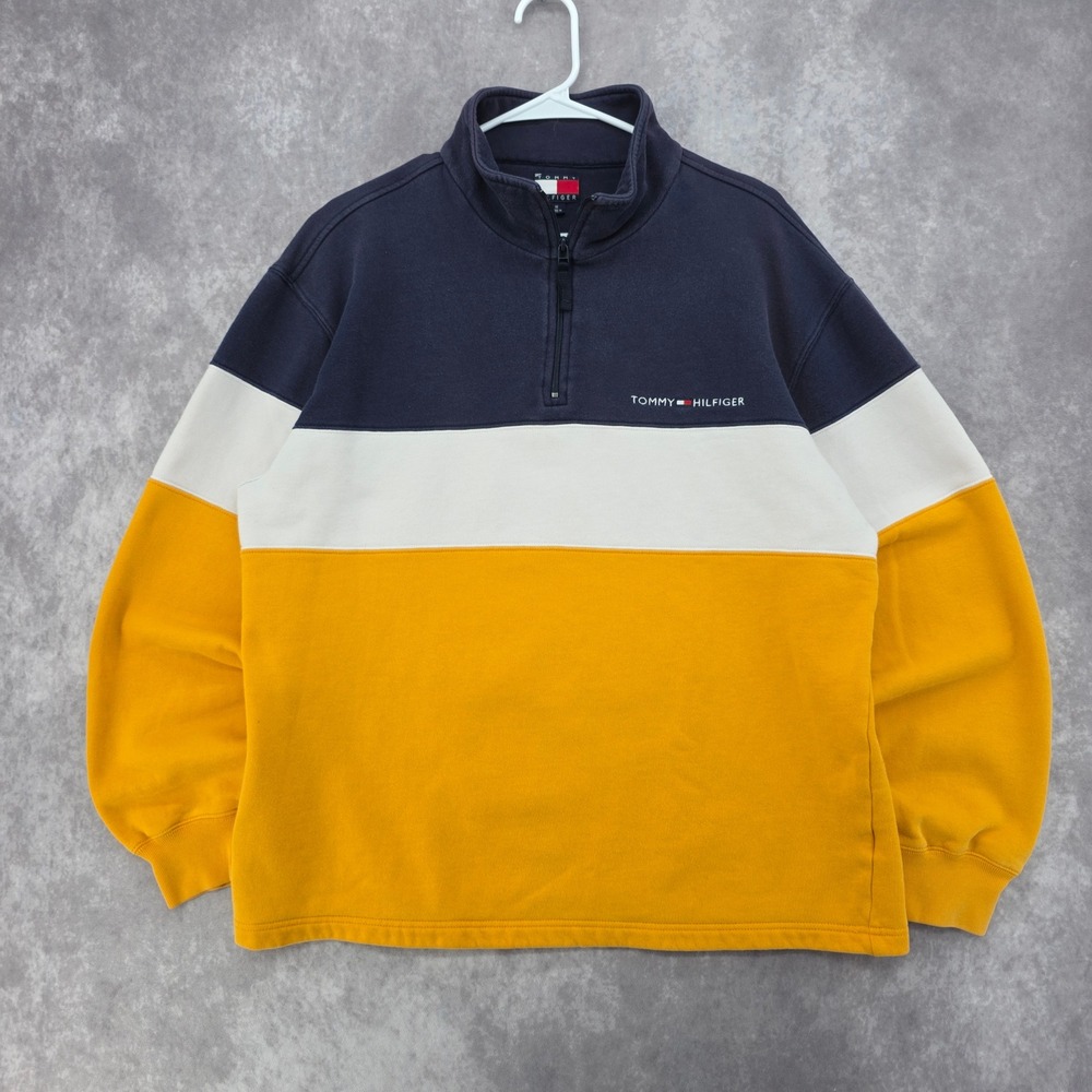 Tommy Hilfiger Quarter Zip Sweatshirt Mens Medium Colorblock Navy Yellow White